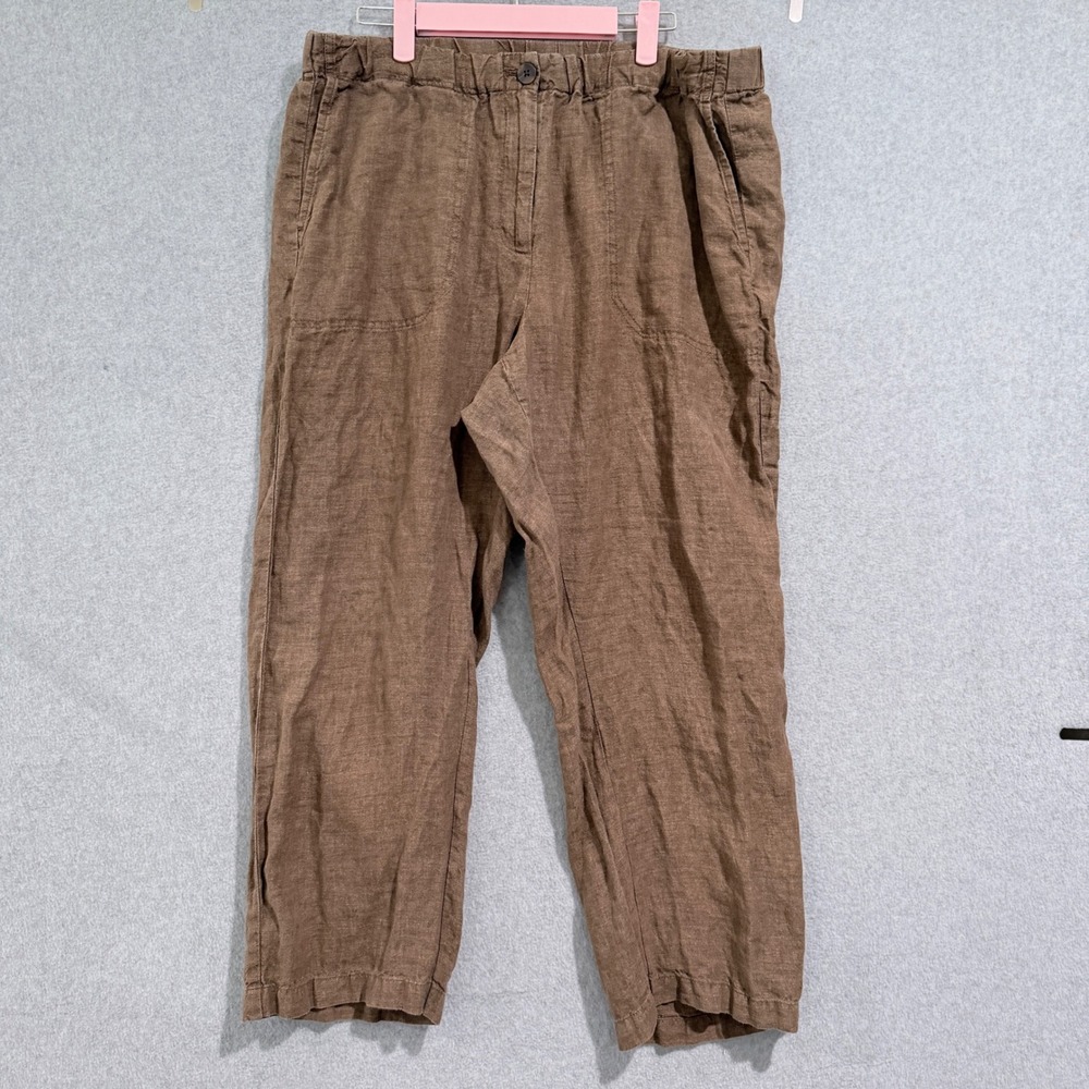 J.Jill Love Linen Brown Cropped Pants Size L Elastic Waist Relaxed Straight Leg